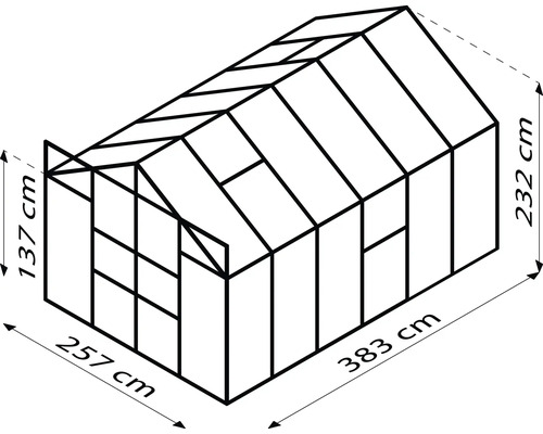 Schema des Gewächshauses mit den Massen 383, 257 und 232 mal 137 Zentimeter.