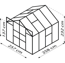 Schéma d''une serre avec des dimensions de 257 cm de largeur, 258 cm de longueur et 232 cm de hauteur