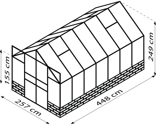 Illustration eines Gewächshauses mit Maßangaben: 257 cm breit, 448 cm lang und 249 cm hoch.