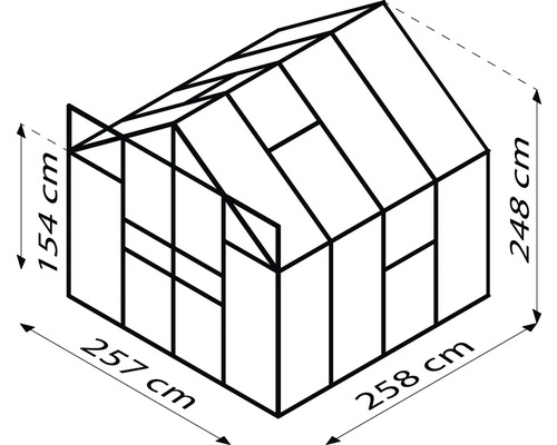 Skizze eines Gewächshauses mit den Maßen 257 cm Breite, 258 cm Länge und 248 cm Höhe