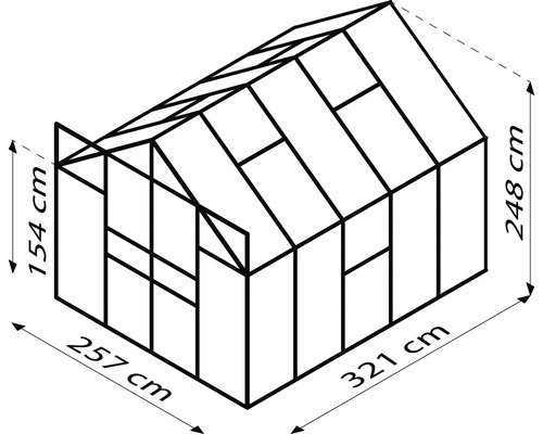 Image d''une serre avec dimensions : base de 257 cm x 321 cm, hauteur latérale de 154 cm et hauteur totale de 248 cm.