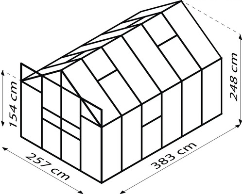 Schéma d''une serre de dimensions 257 cm x 383 cm et d''une hauteur de 154 cm à 248 cm