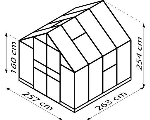 Abbildung eines Gewächshauses mit den Maßen 257 cm Breite, 263 cm Länge und 160 cm bis 254 cm Höhe.