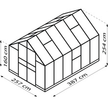 Dessin technique d''une serre mesurant 257 cm x 387 cm x 254 cm.