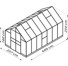 Abbildung eines Gewächshauses mit den Maßen 257 cm x 449 cm x 254 cm x 160 cm.