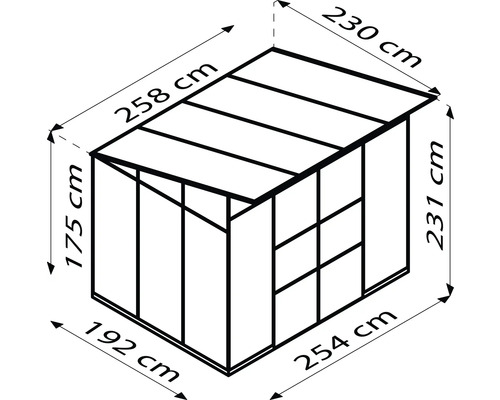 Illustration d''un abri de jardin avec indication des dimensions de la longueur, de la largeur et de la hauteur