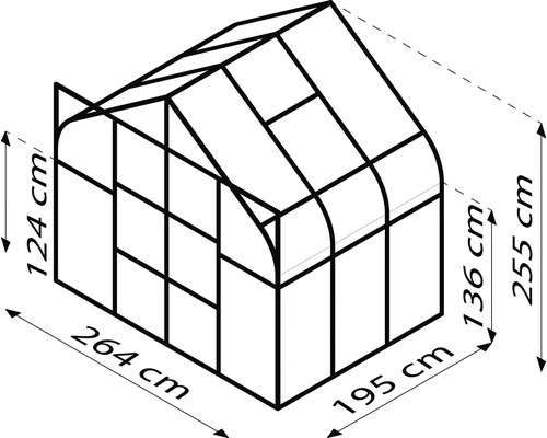 Illustration d''une serre avec dimensions : 264 cm de long, 195 cm de large, 124 cm de hauteur latérale et 255 cm de hauteur totale