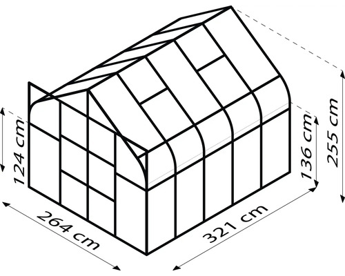 Schéma d''une serre mesurant 264 cm x 321 cm et d''une hauteur de 255 cm