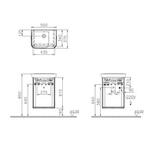 Technische Zeichnung eines Waschtisches mit Maßangaben
