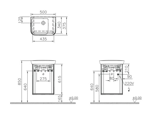 Technische Zeichnung eines Waschtisches mit Maßangaben