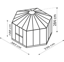 Abbildung eines Gartenhauses mit den Maßen 188 cm Höhe, 383 cm Länge, 336 cm Breite und 284 cm Diagonale.