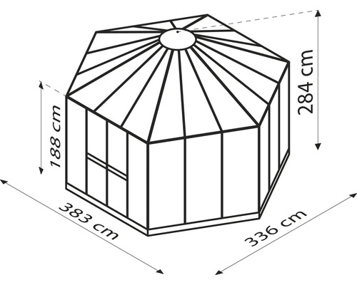 Image d''un abri de jardin avec des dimensions de 188 cm de hauteur, 383 cm de longueur, 336 cm de largeur et 284 cm de diagonale.