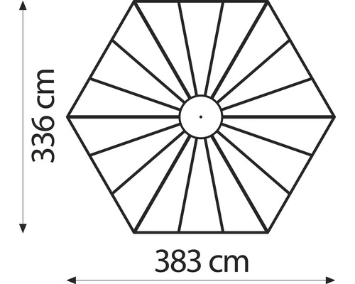 Schéma d''un parasol hexagonal mesurant 336 cm et 383 cm