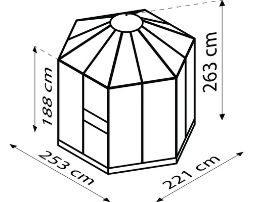 Dessin technique d''une cabane de jardin octogonale avec des dimensions de 263 cm de hauteur, 188 cm de hauteur latérale, 253 cm et 221 cm de largeur.