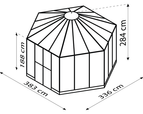 Dessin d''une serre avec les dimensions 383 cm, 336 cm, 284 cm et 188 cm.