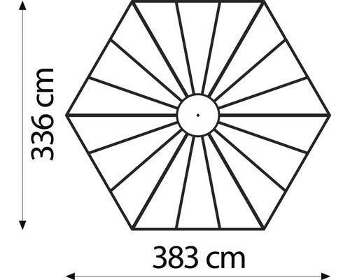Dimensions d''un parasol hexagonal: 336 cm x 383 cm
