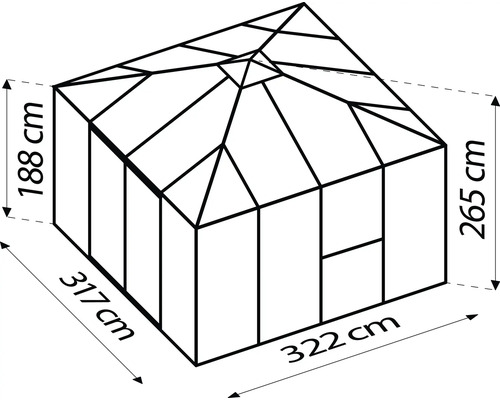 Schéma technique d''une serre mesurant 317 cm x 322 cm et d''une hauteur de 188 cm à 265 cm.