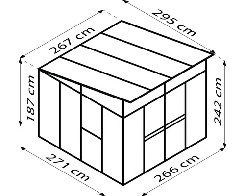 Dessin coté d''un abri de jardin avec indications de dimensions