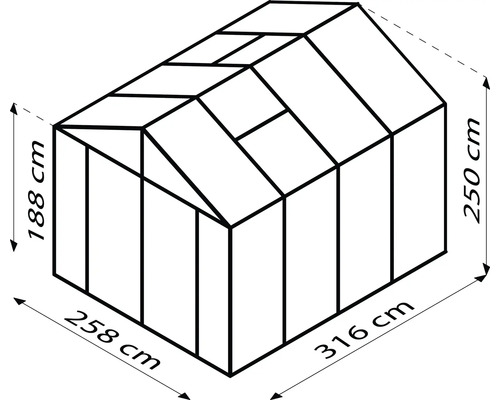 Schéma technique d''une serre mesurant 258 cm x 316 cm x 250 cm.
