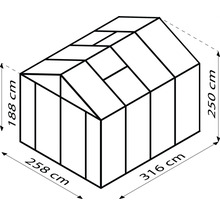 Abbildung eines Gewächshauses mit den Maßen 188 cm Höhe, 258 cm Breite und 316 cm Länge