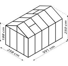 Schema eines Gewächshauses mit den Maßen 258 mal 391 mal 250 Zentimeter