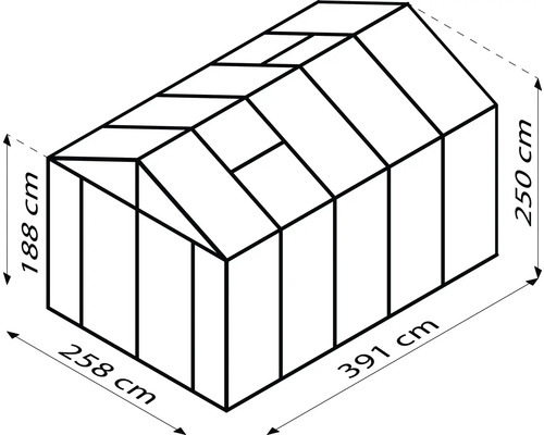 Schéma d''une serre avec des dimensions de 258 sur 391 sur 250 centimètres