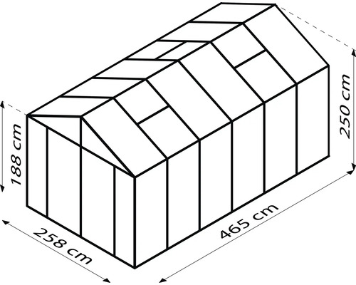 Illustration eines Gewächshauses mit den Maßen 258 mal 465 Zentimeter Grundfläche und 250 Zentimeter Höhe
