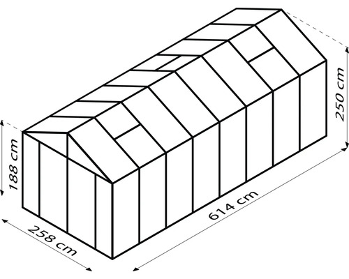 Schéma d''une serre mesurant 258 x 614 x 188/250 cm.