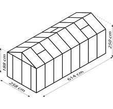 Diagramm eines Gewächshauses mit Maßangaben: Höhe 250 cm, Breite 258 cm, Länge 614 cm