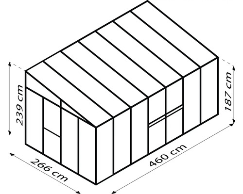 Illustration d''un abri de jardin avec les dimensions suivantes : 239 cm de hauteur, 187 cm de hauteur des parois latérales, 266 cm de largeur et 460 cm de longueur.