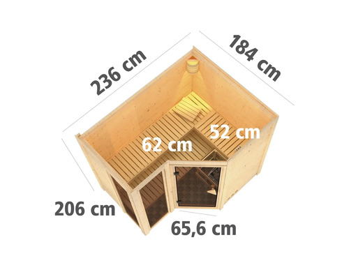 Illustration einer Elementsauna mit Massangaben zu Länge, Breite und Höhe.