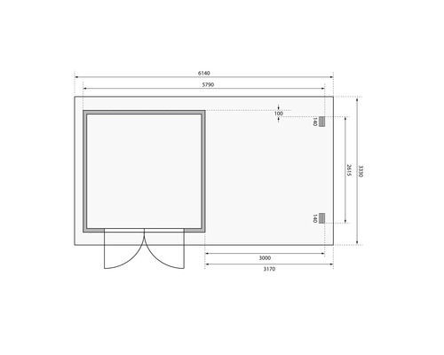 Grundrisszeichnung eines Gartenhauses mit Massen