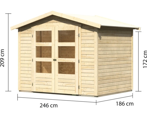 Abri de jardin en bois avec double porte et indications de taille