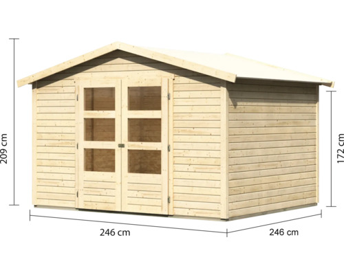 Holzgartenhaus mit Doppeltür und Massangaben
