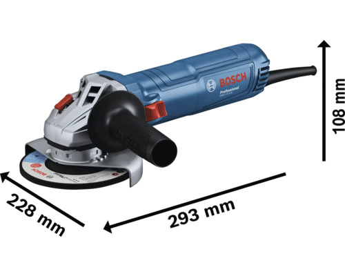 Bosch Winkelschleifer mit den Massen 293 mm Länge, 228 mm Breite und 108 mm Höhe.