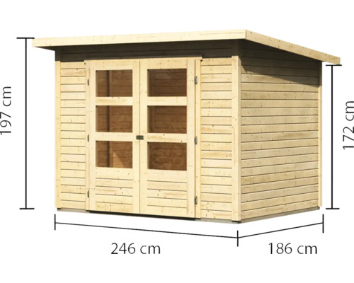 Holzgartenhaus mit Doppeltür und den Maßen 246 mal 186 mal 197 Zentimeter