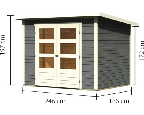 Abmessungen eines Gerätehauses: 197 cm Höhe, 246 cm Breite und 186 cm Tiefe