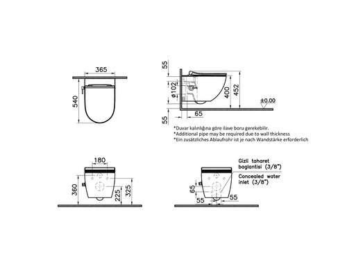 Schéma technique d''un WC suspendu avec indications de dimensions