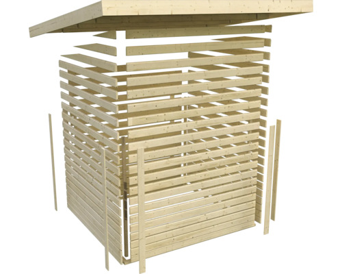 Vue éclatée d''une cabane de jardin en bois avec toit