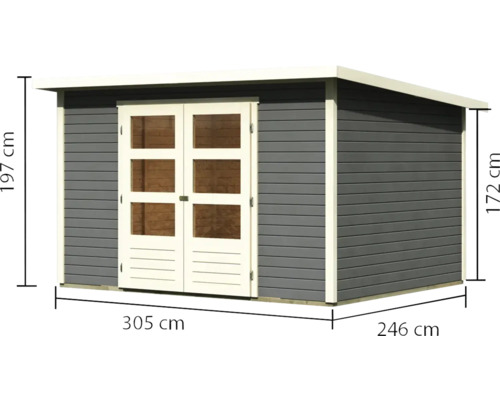 Gartenhaus aus Holz mit Doppeltür und den Maßen 305 x 246 x 197 cm